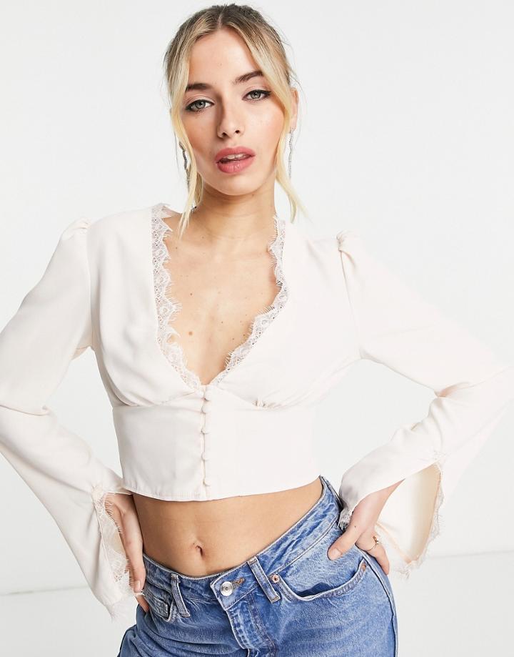 Asos Design Lace Trim Tea Blouse With Button Front In Pale Blush-pink