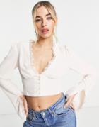 Asos Design Lace Trim Tea Blouse With Button Front In Pale Blush-pink