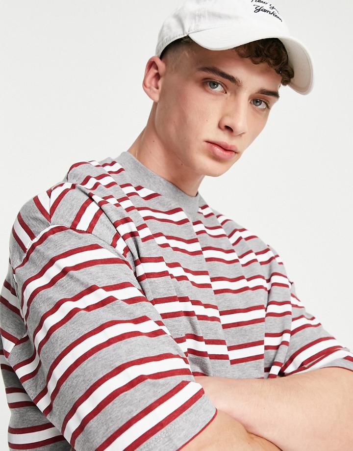 Asos Design Oversized Organic Stripe T-shirt In Gray And White-grey