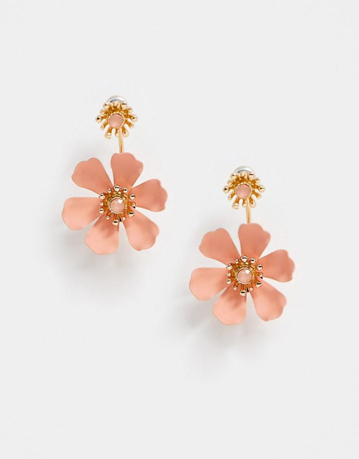Asos Design Front And Back Earrings In Peach Floral Design In Gold Tone