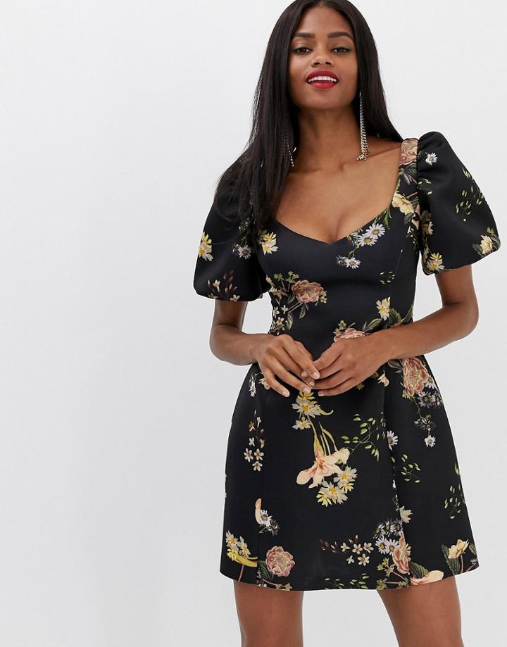 Asos Design Balloon Sleeve Mini Dress In Floral Print-multi