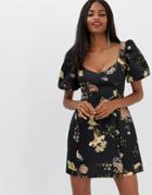 Asos Design Balloon Sleeve Mini Dress In Floral Print-multi