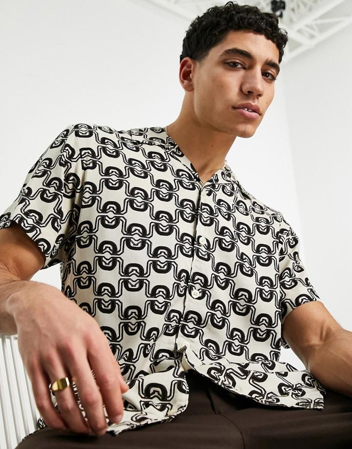 Jack & Jones Oversized Short Sleeve Shirt In Beige Geo Print-neutral