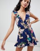 Parisian Floral Print Sleeveless Wrap Romper With Frill Detail - Blue