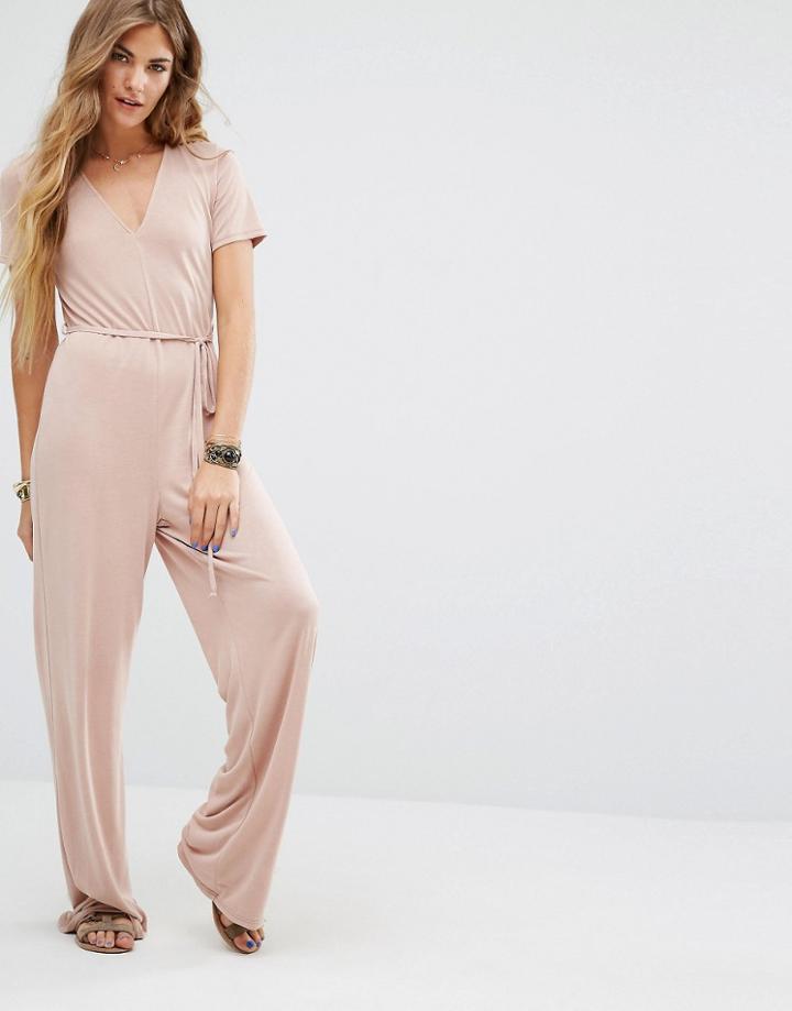 Honey Punch Easy Jumpsuit With Tie Waist - Beige