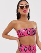 Asos Design Mix And Match Clean Bandeau Bikini Top In Pink Neon Snake Print - Pink