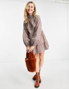 Influence High Neck Mini Dress In Brown Gingham-multi