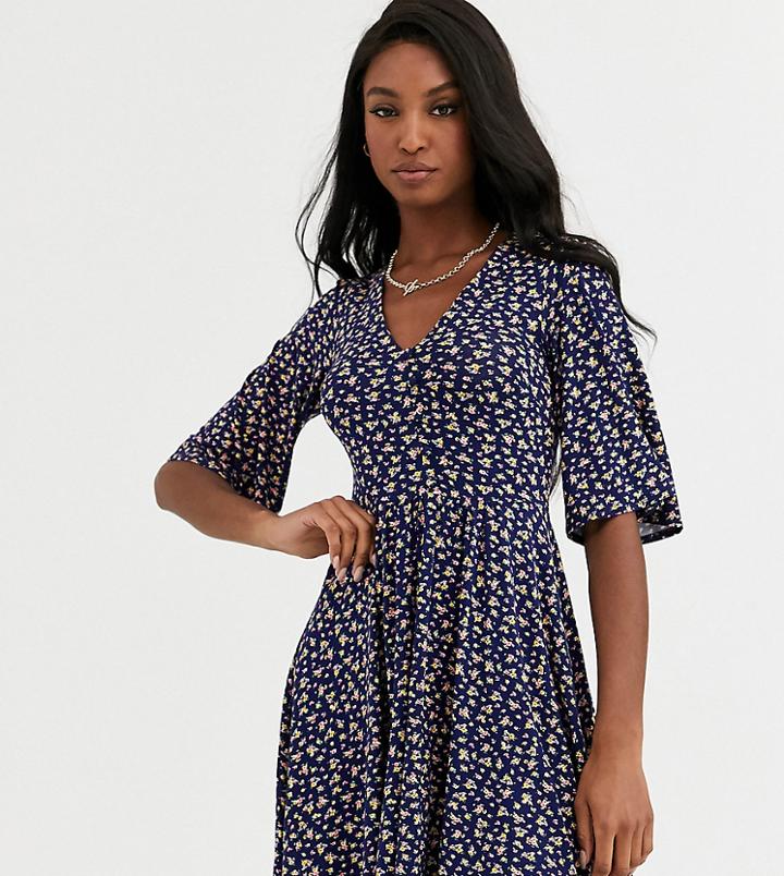 Asos Design Tall Floral Mini Button Front Swing Dress-navy