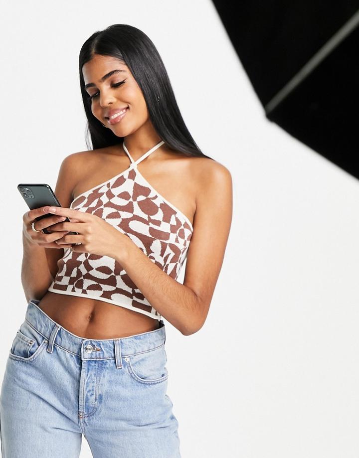 Monki Halter Neck Knitted Crop Top In Brown Abstract Checkerboard