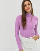 Asos Design Roll Neck Sweater In Fine Knit Rib - Purple