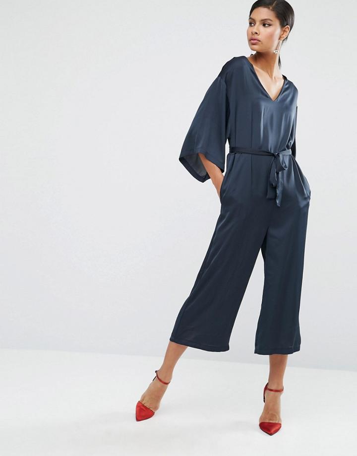 Asos Belted Satin Jumpsuit With Kimono Sleeve - Orange