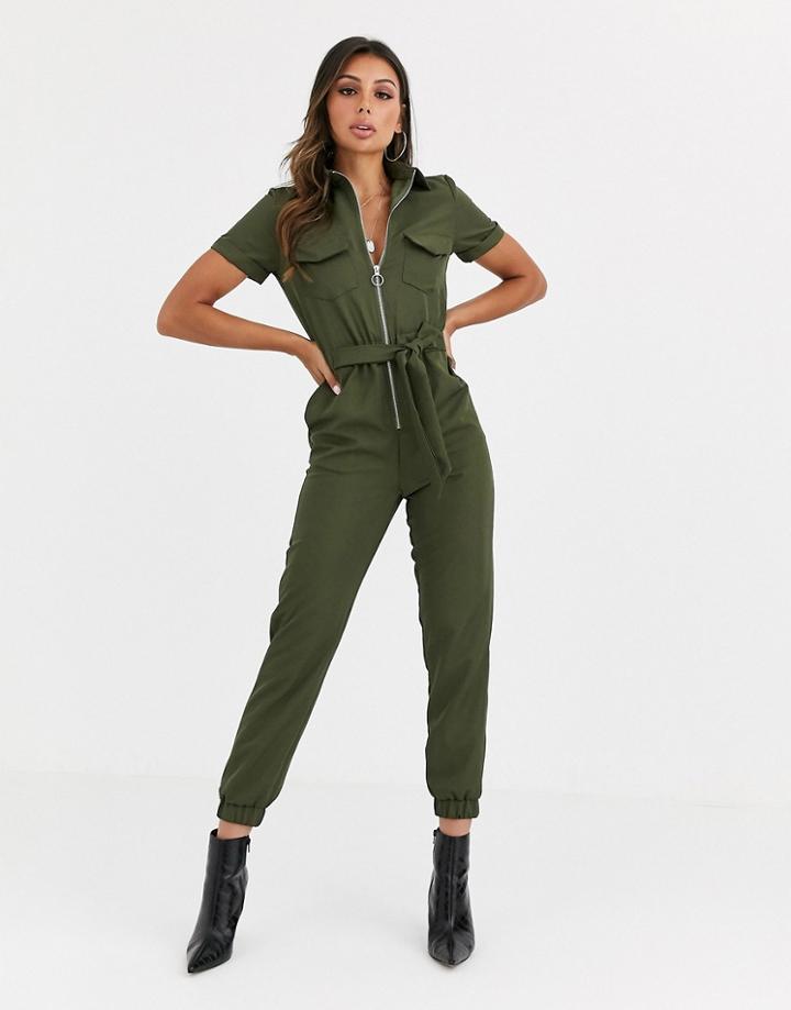 Parisian Utility Jumpsuit With Zip Front In Khaki
