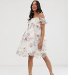 Chi Chi London Maternity Bardot Overlay Floral Dress With Frill In Cream - Multi