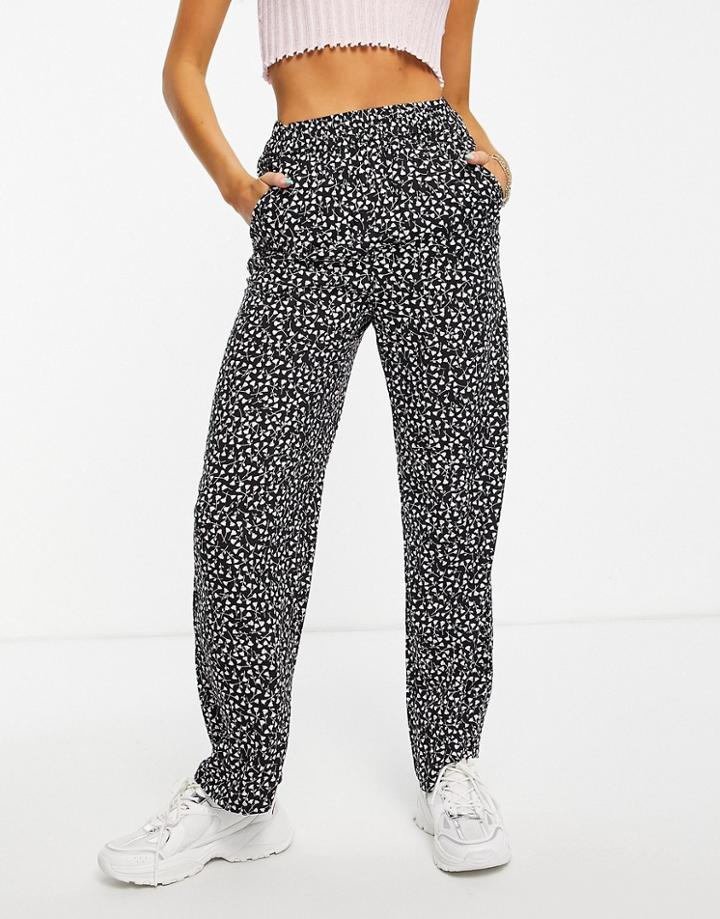 Monki Rosie Pull On Wide Leg Pants In Black Floral Print