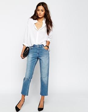 Asos Thea Midrise Girlfriend Jeans In Miami Vintage Blue With Displaced Knee Rips - Vintage Blue