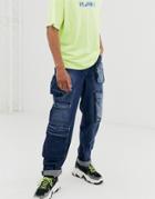 Asos Design Baggy Fit Cargo Jeans With Multi Pocket In Dark Wash Blue - Blue