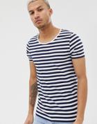 Asos Design Organic Cotton Stripe T-shirt In Navy And White With Scoop Neck - Multi