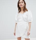 Lost Ink Petite Wrap Dress In Broderie With Lace Trim - Cream