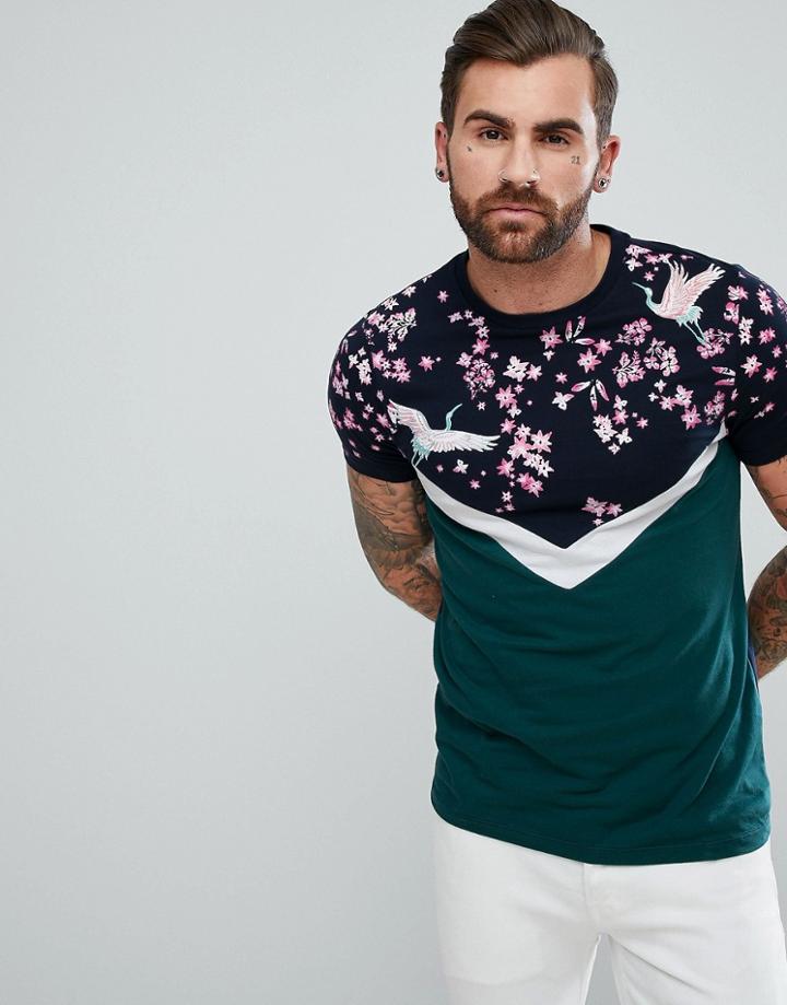 Asos T-shirt With Floral Yoke Panel And Color Block - Multi