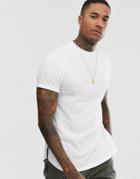 Asos Design Longline T-shirt With Roll Sleeve And Side Split In White - White