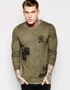 Asos Longline Long Sleeve T-shirt With Applique And Distressed Pigment Wash - Green