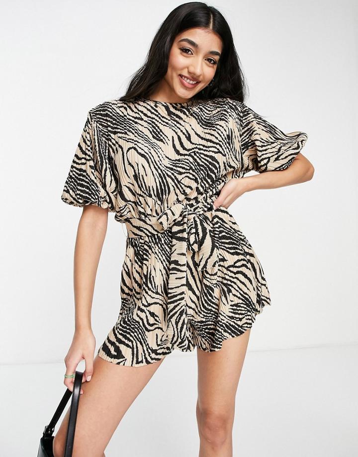 Asos Design Plisse Smock Romper In Animal Print-multi