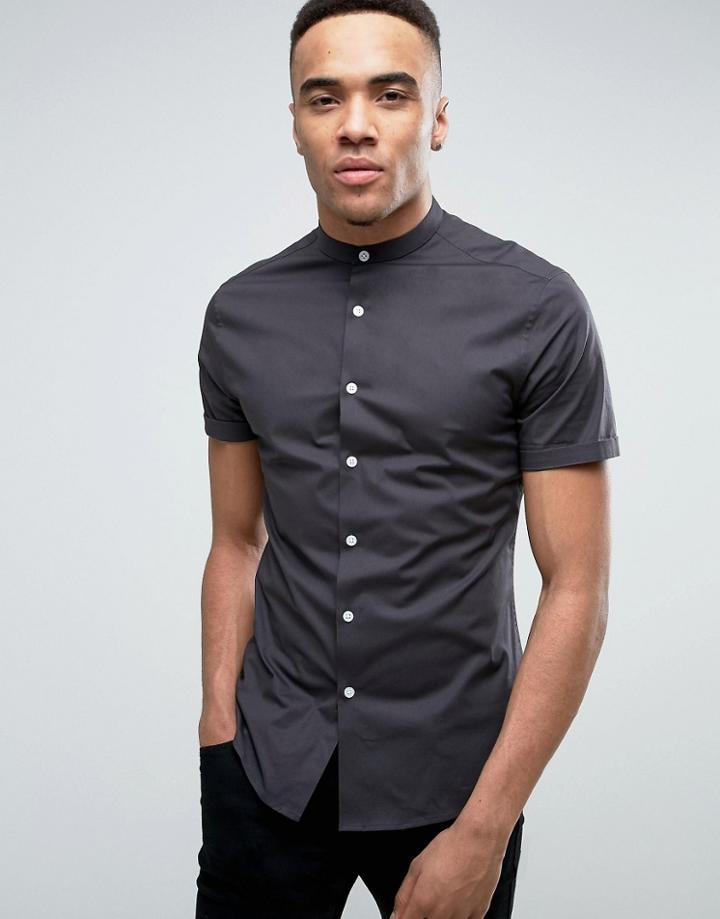 Asos Skinny Shirt With Grandad Collar In Charcoal - Gray