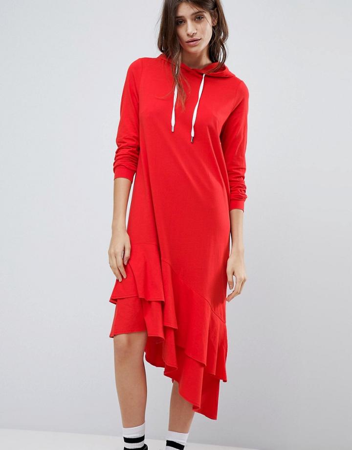 Noisy May Hoodie Dress With Asymmetric Hem - Red