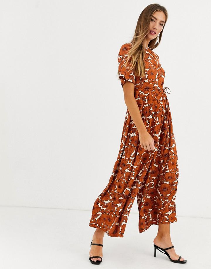 Lost Ink Wide Leg Jumpsuit In 70s Floral Print