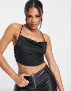 Naanaa Cowl Neck Back Detail Satin Crop Top In Black