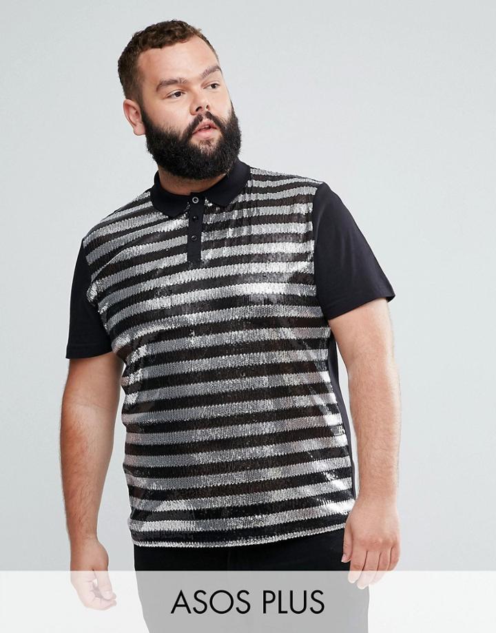 Asos Plus Polo Shirt In Sequin Stripe - Black