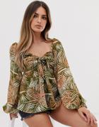 Asos Design Tie Front Top In Leaf Print - Multi