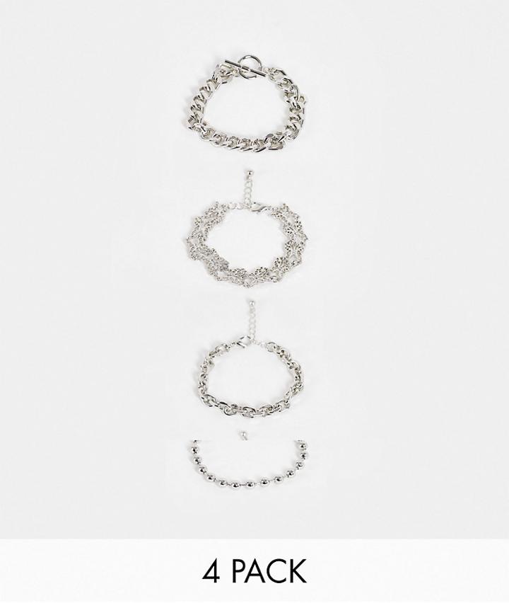 Asos Design Pack Of 4 Bracelets With Butterfly In Silver Tone
