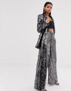 Asos Edition Sequin Wide Leg Flare Pants-silver