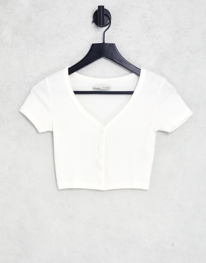 Pull & Bear Cropped Button Down T-shirt In White