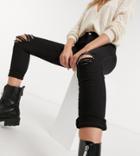 Dr Denim Petite Lexy Mid Rise Super Skinny Jeans With Ripped Knees In Black