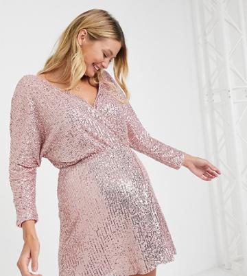 Club L London Maternity Sequin Wrap Front Mini Sequin Dress In Soft Pink