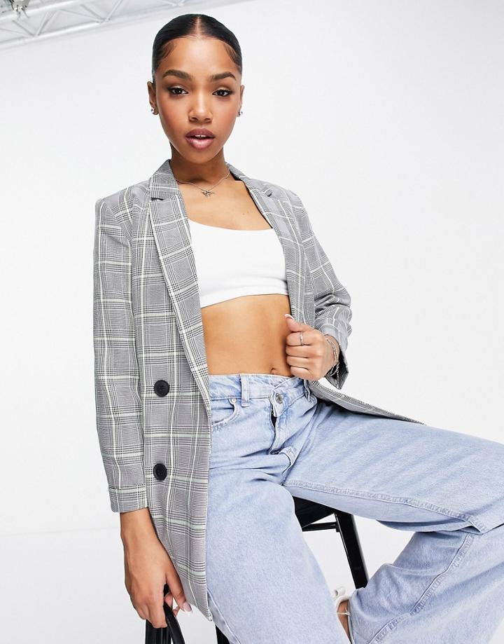 Stradivarius Double Breasted Blazer In Gray Check Print