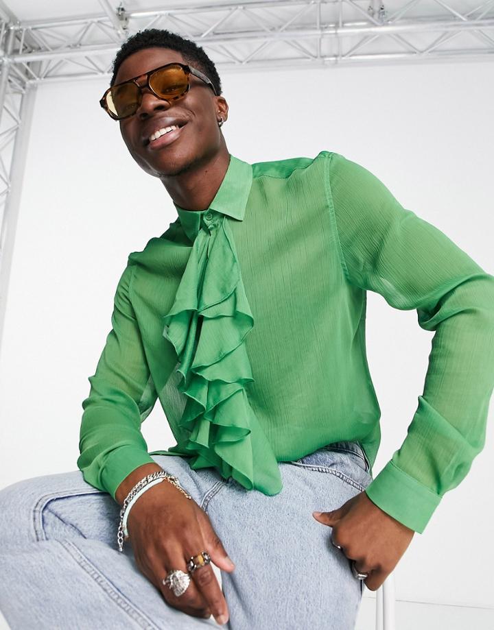 Asos Design Regular Sheer Shirt With Ruffle Front In Green