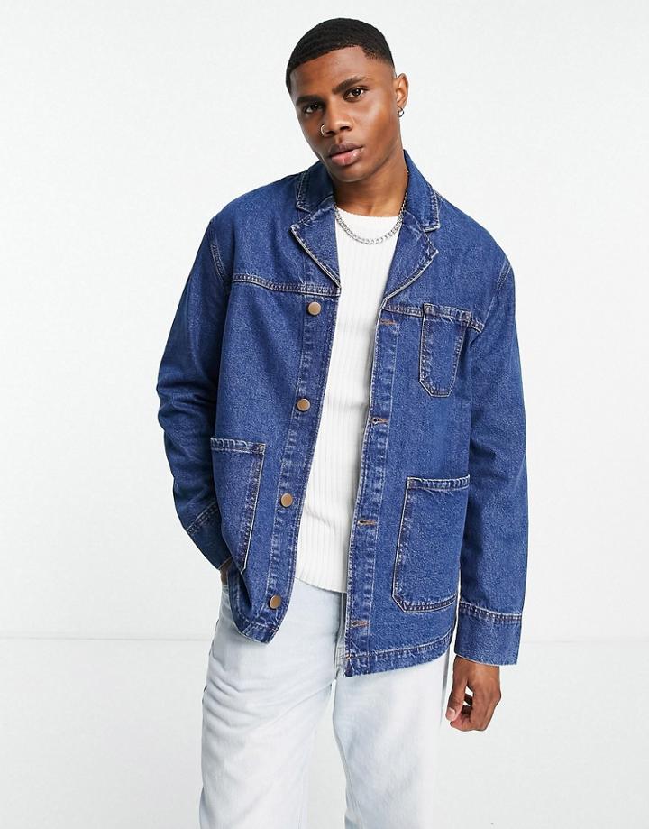 Asos Design Denim Jacket In Dark Wash Blue-blues
