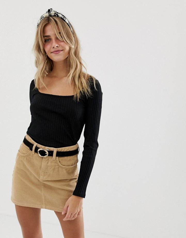 Miss Selfridge Rib Top With Square Neck In Black - Black