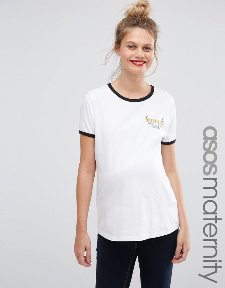 Asos Maternity T-shirt With Winner Embroidery - White