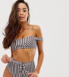 Prettylittlething High Waisted Bikini Bottoms With Lace Up Detail In Mono Stripe - Multi