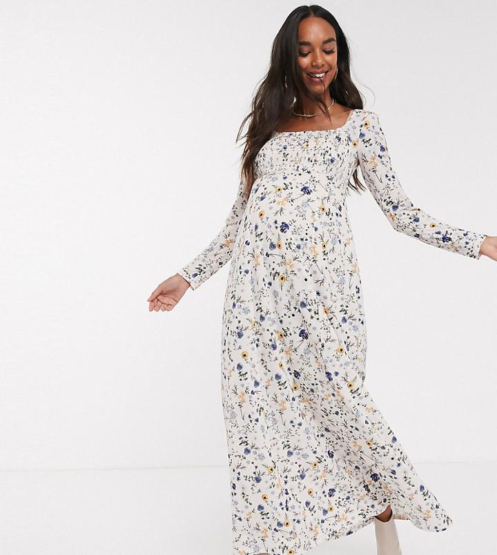 Asos Design Maternity Long Sleeve Square Neck Shirred Maxi Dress In Floral Print
