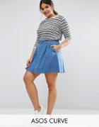 Asos Curve Denim Button Front Mini Skater Skirt In Mid Wash Blue - Blue