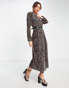 Asos Design Plisse Midi Wrap Dress With Belt In Leopard Print-multi