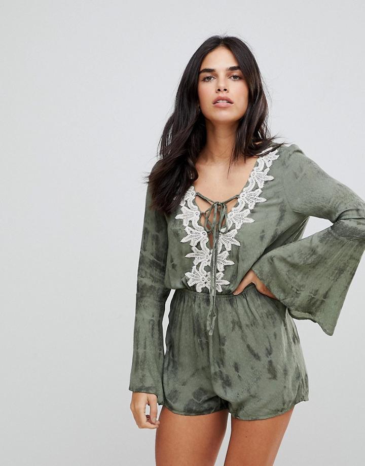Lunik Tie Dye Romper With Trim - Green