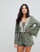 Lunik Tie Dye Romper With Trim - Green