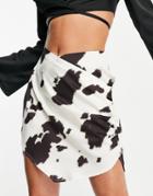 Asos Design Satin Mini Skirt In Cow Print-multi