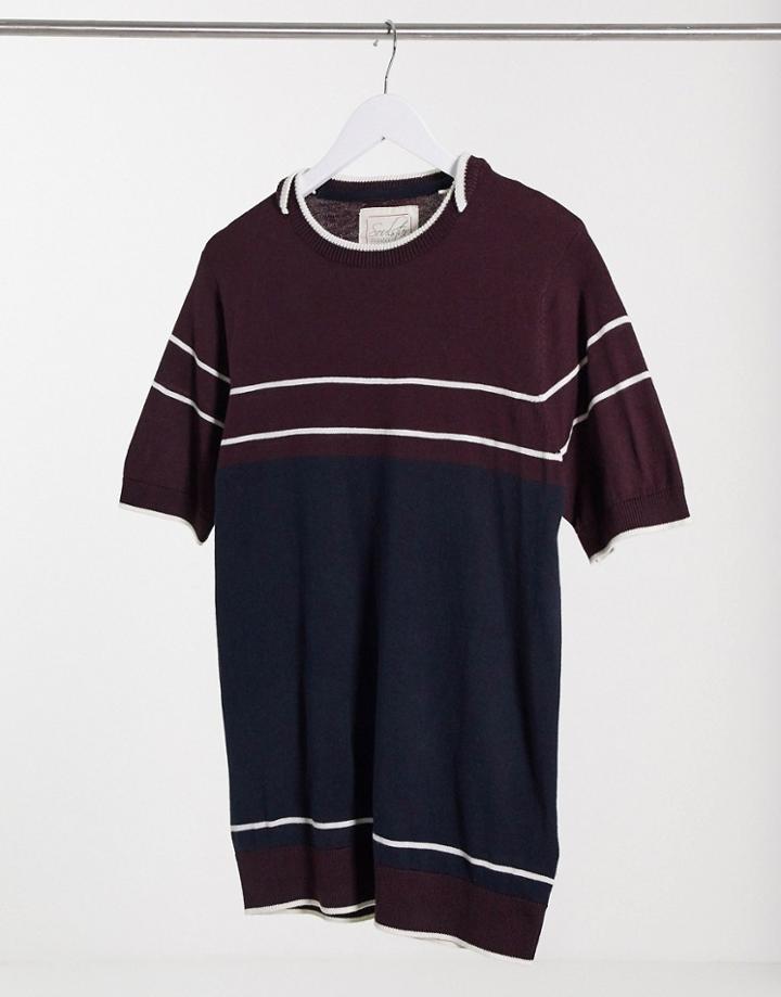 Soul Star Stripe T-shirt In Navy And Burgundy